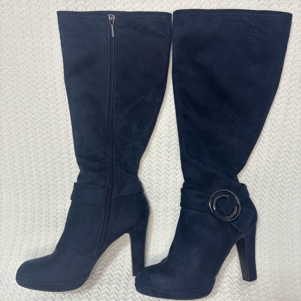 Impo Stretch Knee High Boots Womens 7.5 Navy Blue Faux Suede Casual Party